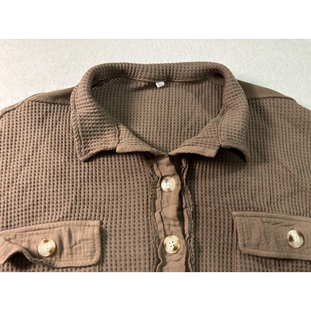 Womens Lightweight Waffle Knit‎ Shacket Brown Oversized Button Down XL NWT - Picture 4 of 12